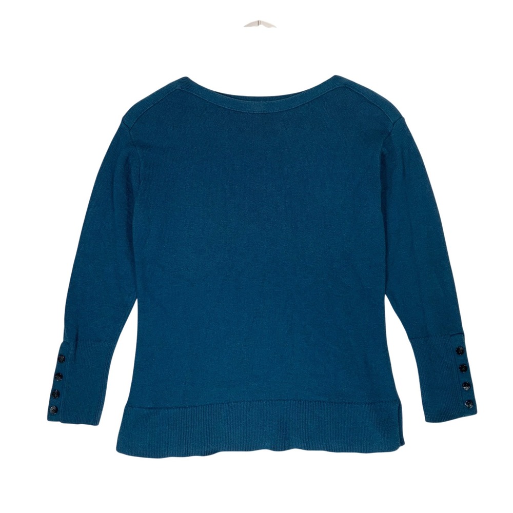 J. Jill Teal Blue Boatneck Sweater XS Petite Cotton Wool Blend Button Cuff Knit